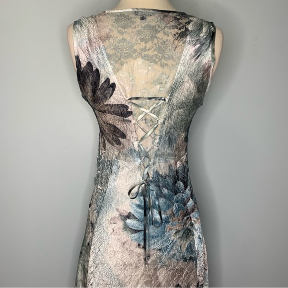 Komarov Charmeuse V-Neck Lace Up Back Crinkle Stretch Blue Floral Maxi Dress M - Picture 7 of 16